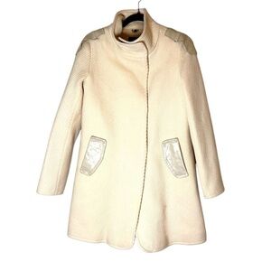 RUDSAK Women's Ribbed Ivory Wool Long Dress Jacket with Leather Accents- Small